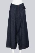 Y'S - A PAIR OF DARK WASH DROP CROTCH JEANS WITH RED SEAM STITCHES
