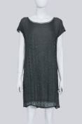SACAI - A GREEN AND GREY SILK-COTTON DRESS WITH BEADED SQUARE MOTIF