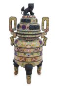 A LARGE CLOISONNE ENAMEL BRASS TRIPOD CENSER AND COVER