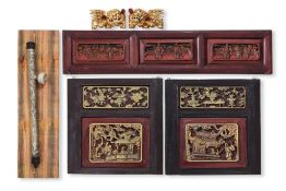 A GROUP OF FIVE CARVINGS AND AN OPIUM PIPE