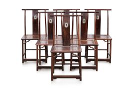 A SET OF SIX JADE INSET HARDWOOD SIDE CHAIRS