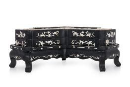 A CHINESE BLACK LACQUER BOX ON STAND