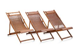A GROUP OF FIVE FOLDING BAMBOO DECK CHAIRS