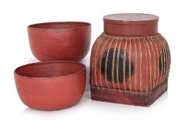 A GROUP OF THREE SOUTH EAST ASIAN RED LACQUER WARES