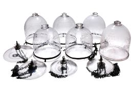 A SET OF SIX ETCHED GLASS BELL LANTERN SHADES WITH RELATED MOUNTS