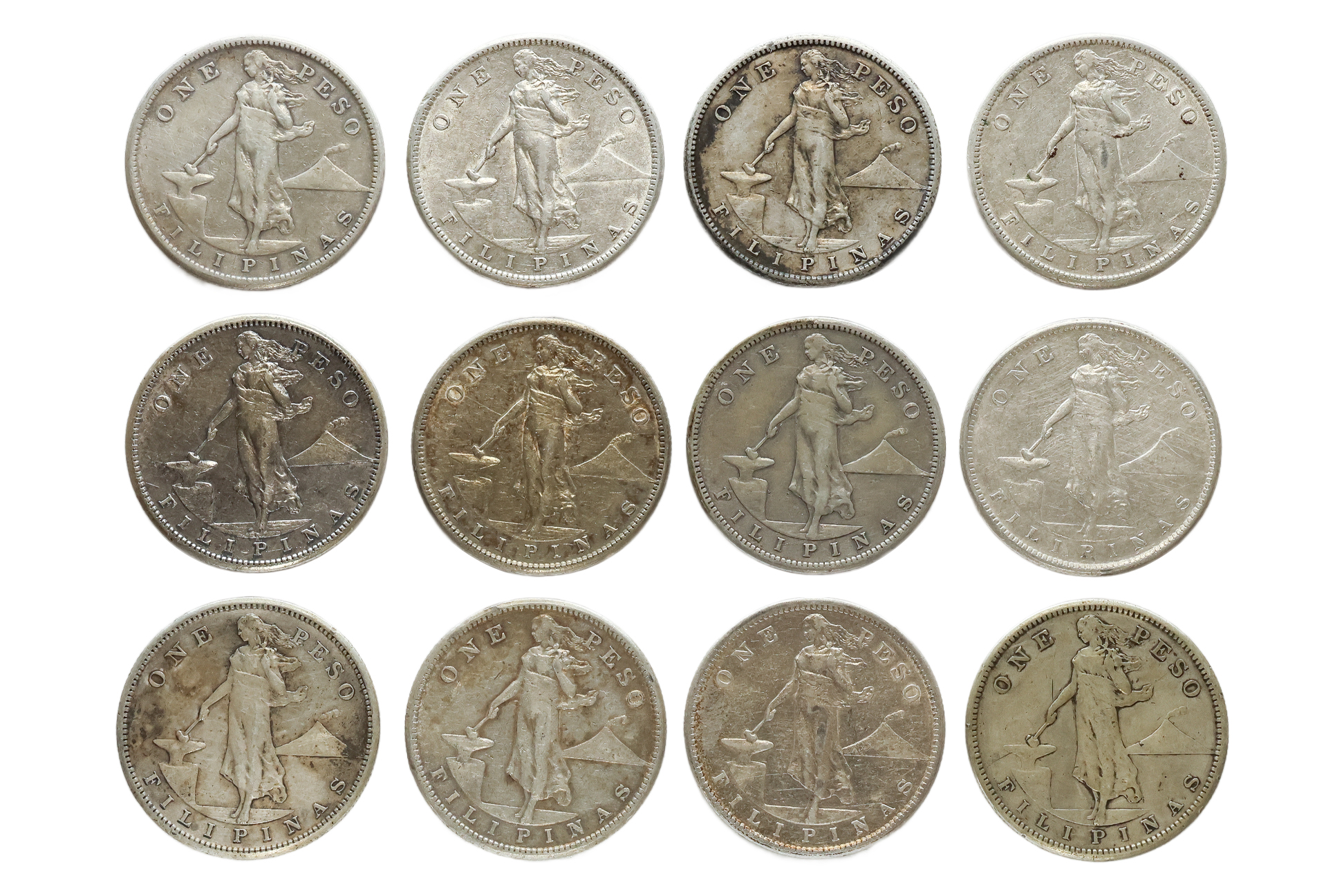 PHILIPPINES, 1 PESO, SMALL TYPE, 1908 - 1910 (12)