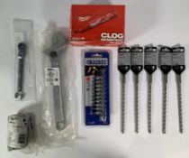 Ten Tool Related items to Include Milwaukee Drill Bits, Deep Socket, Inkzall Markers And Expert Wren