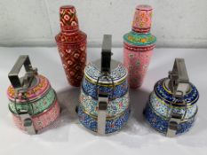 Twenty Four Variety of Enamel Coated Tier Tiffins and Cocktail Shakers, Hand Painted Designs on Stai