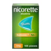 Ten Nicorette Gum Fruitfusion 4mg - 105 Pack - Exp: 02/27 (Over 18's only, stock image).