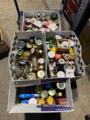 Four boxes of assorted foods to include spreads, jams, vinegars.