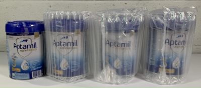 Four Aptamil Advanced 3 (1-3 Years Toddler Milk) Sealed Tins, some dented (B.B.E 15-02-2025).