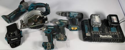Makita Cordless Bundle to Include Drill, Circular Saw, Impact Drills, Grinder and Tool Holder, Dual