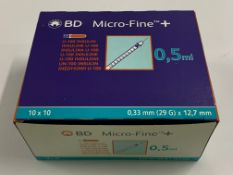 Ten boxes containing five packs of BD Micro-Fine+ U-100 Insulin (REF: 324824) 0.5ml, 10x10, 0.33mm (