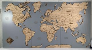Hand Crafted Oak Wood 3D Detailed World Map, Home Decor - 3 Piece Set, Grey Background, Size 70 x 44