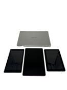 Pre-owned ASUS Chromebook C423 (Damaged, sold as seen) and three pre-owned Amazon Kindle Tablets.