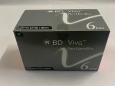 Ten boxes containing sixty packs of BD Viva Pen Needles 0.25mm (31g) x 6mm. As New (EXP: 2027/08)