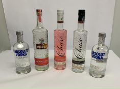 Two Absolut Swedish Vodkas 2 x 700ml, Chase Original Potato Vodka 700ml, Chase English Rhubarb Vodka