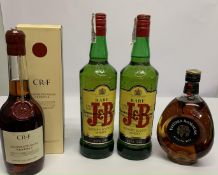 Two J & B Rare Blended Scotch Whiskies 2 x 1ltr, Vecchia Romagna Etichetta Nera Brandy Bottled in It