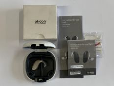 An Oticon Engage BTE Hearing and White Case.