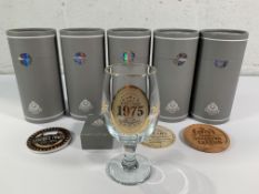 Five Crownly Crystal 1975 Glass Gift Sets with bottle opener mat, coaster and keyring, packaging ope