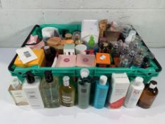 A crate of as new Beauty Products to include Moroccan Oil, L'Occitane, Chanel and The White Company.