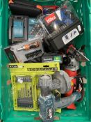 A crate of assorted as new and pre-owned tools to include Ryobi drilling and driving set and Makita