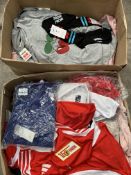 Two boxes of assorted as new Clothing to include Pacha The Cherry T-shirt, Pacha Jimmy Lion Socks an