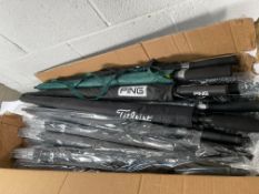 Twenty eight Golf Umbrellas: 25 Playing Direct, Ping, Titleist and one other.