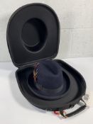 Laird & Co Hatters Hamburg feathered hat (58cm) and travel case.