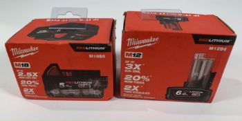 Two as new Milwaukee Red Lithium Batteries - Models - M18B5 4932430483/M12B6 4932451395.
