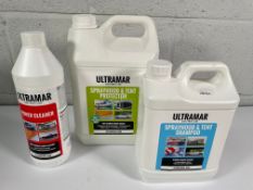 Ultramar Sprayhood & Tent Protector (5ltr), Shampoo (2.5ltr) and Power Cleaner (1ltr).