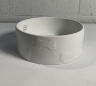 Five Park Life Designs Large white ceramic Dog Bowls With Bone Decoration.