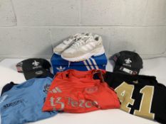 A quantity of sportswear to include Adidas Retropye F90 white trainers (UK 9.5), two 9Twenty NFL Sai