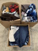 Three boxes of assorted as new clothing and related items.