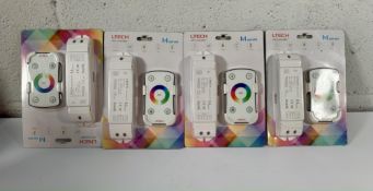 Four LTECH M Series LED Controllers Model M4 5A, 12 - 24Vdc. Each pack contains 1x Receiver, 1x Remo