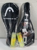 Two as new Head Ti S2 titanium tennis rackets including cases and packs of three balls.