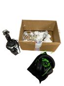 Assorted Apple chargers, HP G2 dock, Razer gaming headset and a Mad Catz flight joystick (All items