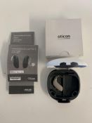 As new Oticon Engage BTE Hearing Aid in Beige and White Case.