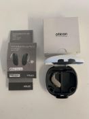 As new Oticon Engage BTE Hearing Aid in Beige and White Case.