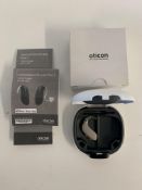 As new Oticon Engage BTE Hearing Aid in Beige and White Case.