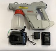 An preowned Comac E-Spray kit with 18v lithium-Ion battery and charger.