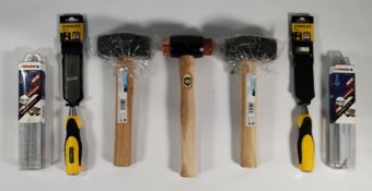 Seven as new assorted tools - Silverline/Thor hammers, Stanley chisels and Lenox saw blades.