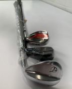 Three golf clubs - Mizuno Pro, Takomo skyforger and Wilson harmonized, Right Handed. (sold as seen)