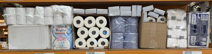 Quantity of assorted cleaning and hygiene related products. (on one shelf)