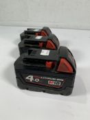 Three preowned Milwaukee M18 Red lithium 4.0AH batteries.