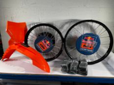KTM Motocross / Dirt Bike Accessories: Two D.I.D Wheelsets (Red Bull) and one spare, three Dunlop su