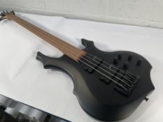 A preowned ESP LTD F-204 bass guitar, black satin. (Damaged, cracked paintwork/ see attached photos)