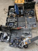 A quantity of preowned tools to include Ryobi chainsaw, P Pro Router and a Halfords ratchet set.