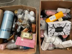 Two boxes (approximately 100 items) of as new and part used assorted toiletries, cosmetics and fragr