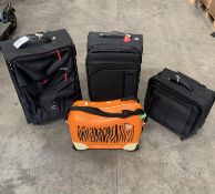 Three preowned Samsonite soft shell wheeled suitcases and one Samsonite ride on suitcase.